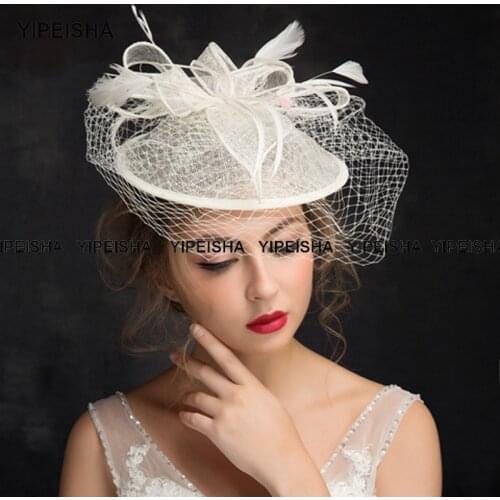 Yipeisha Fashion Women Flower Bridal Hair Clip Feathers Beige Hat Wedding Fascinator Royal Ascot Race Accessories