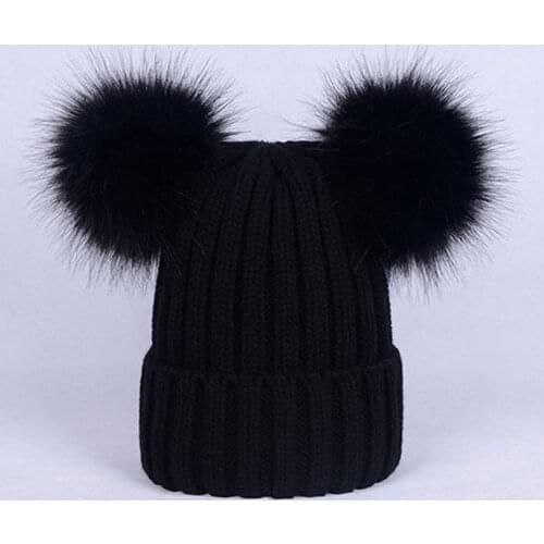Double Pompoms Winter Hat Women Beanie Hat Warm Knitted Hat Faux Fox Fur Pompom Hat For Female Kids Warm Thick Stretchy Hat