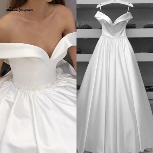 Robe Satin Wedding Dress White Waist Beads Robe ete Femme 2020 Sexy Bridal Dress Lace Up Plus Size Off the Shoulder Wedding Gown