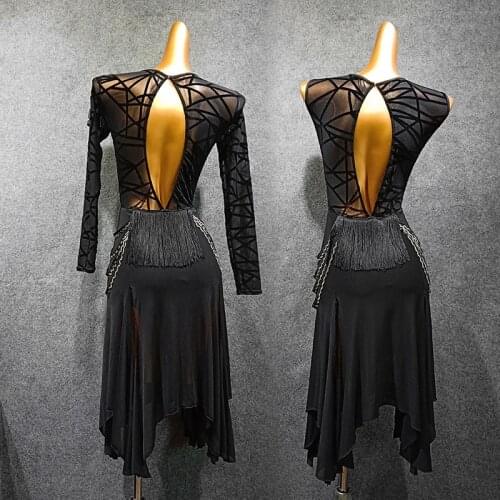 Latin Dance Dress Split Tassel Female Backless Dancewear Short Sleeve/ Long Sleeve Competition Cloth for Cha Cha Samba