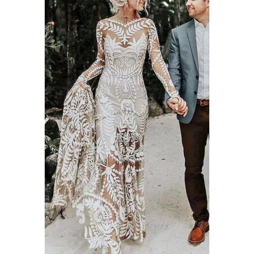 2021 New Designs Champagne Sexy Two Pieces Long Sleeve Sweep Train Open Back Lace Wedding Dress Bride Gown Vestidos De Novia