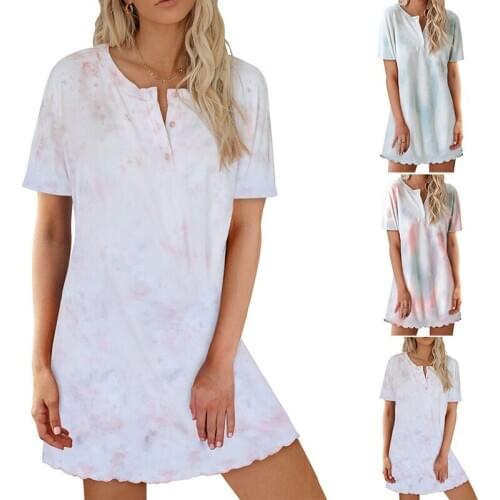 2020 Fashion Women Nightdress Cute Tie-dye Printing Sleepshirts Sleepwear Ladies Babydoll Nightgowns Sleepdress Homewear