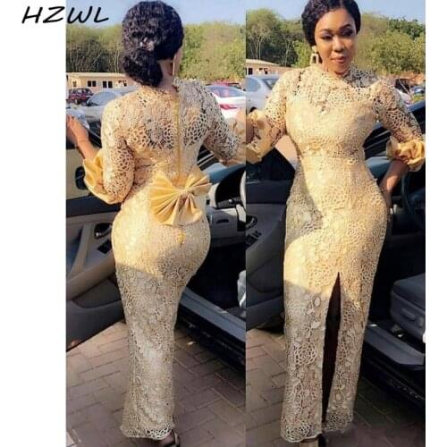 Aso Ebi Lace Mermaid Evening Dresses Bow Jewel Three Quater Sleeves Prom Dress Front Split Nignia Party Gowns