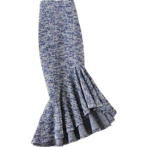 Free Shipping 2019 Fashion Long Mid-calf Wool Stretch Women Plus Size S-4XL Mermaid Style Ladies High Waist Ruffles Skirt