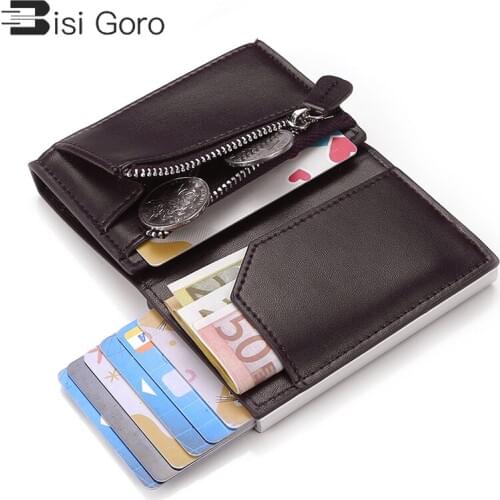 BISI GORO PU Leather Men Women Smart Wallet Automatic Fashion Coin Purse RFID Aluminum Box Anti-theft Card Holder Slim Card Case