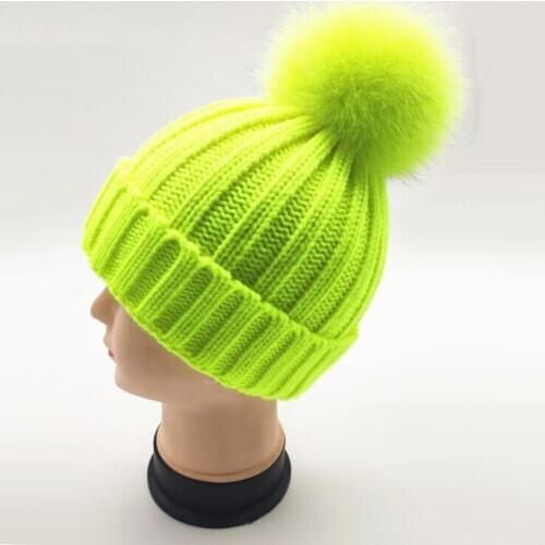Kid Girl Baby Fluorescein Knitted Beanie Cap Women Man Casual Thick Warm Knitting Skullies Hat Real Fox Fur Pom pom Gorros
