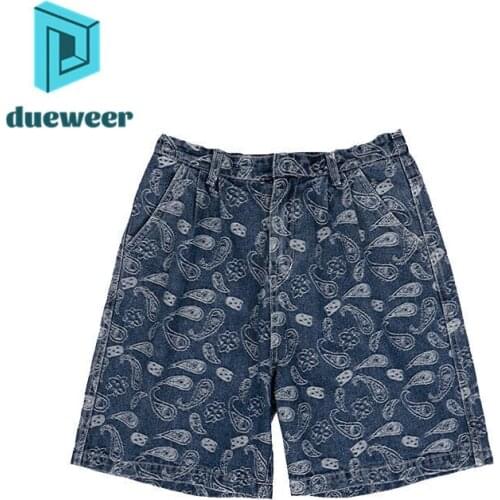 DUEWEER Mens Jeans Shorts Summer Clothes Cashew Flower Loose Straight Knee Length Baggy Pants Men Casual Harajuku Denim Shorts