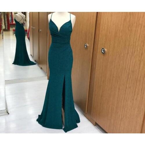 Elegant Long V-Neck Green Glitter Evening Dresses with Slit Mermaid Floor Length Criss Cross Back Formal Party Dress for Women