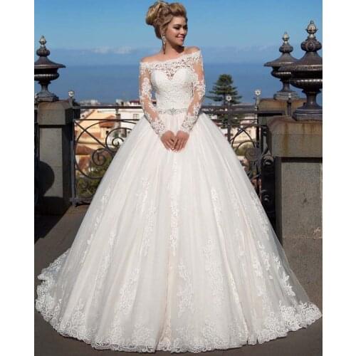 Elegant Lace Boat Neck Wedding Dress 2021 Ball Gown Beading Sashes Appliques Bridal Plus Size Bride Gowns Vestido De Noiva