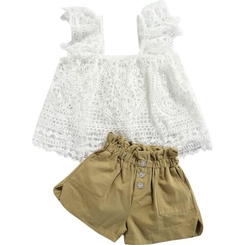 Pudcoco Girls Clothes Set, Floral Hollow Out Sleeveless O-neck Lace Tops + Solid Color Short Pants 2021 New Fashion