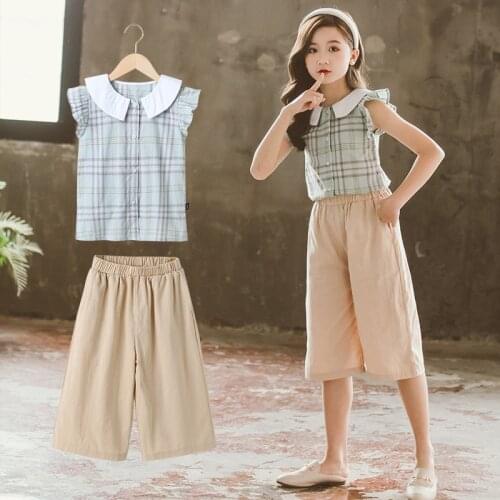 Girl Clothing Sets Summer New Plaid Sweet Top+Casual Wide-leg Pants 2Pcs for Kids Clothing Sets little Teenager Clothes Outfits