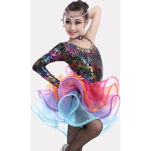 Top Selling & Free Shipping Long Sleeve Diamond Professional Latin Dance Dress with Mix-Color Tulle Tutu for Girls Dancing A0011