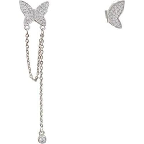 Fashion Asymmetric Simple Long Chain Tassel Earrings Silver Color Womens Crystal Butterfly Earrings Female Jewelry Gifts