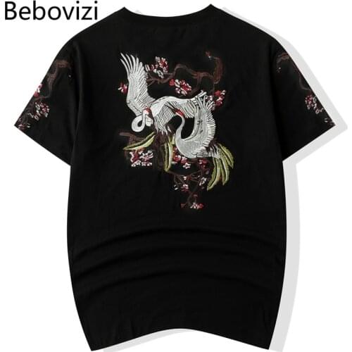 2021 Chinese Style Men Streetwear Harajuku T-Shirt Fashion Crane Embroidery Tshirt Summer Japanese Short Sleeve T Shirt Casual