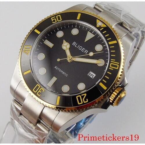 Bliger 43mm automatic men watch miyota 8215 movement black dial sapphire crystal date window steel band