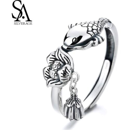 SA SILVERAGE Mens Ring Fish S925 Pure Silver Ring Retro National Carp Ring Couple Ring Jewelry Lotus Fine Jewelry Womens Rings