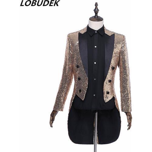 Mens Tailcoat Suit Jackets Prom Formal Host stage performance Tuxedo sequins Blazers Male Magician Teams Chorus show costumes