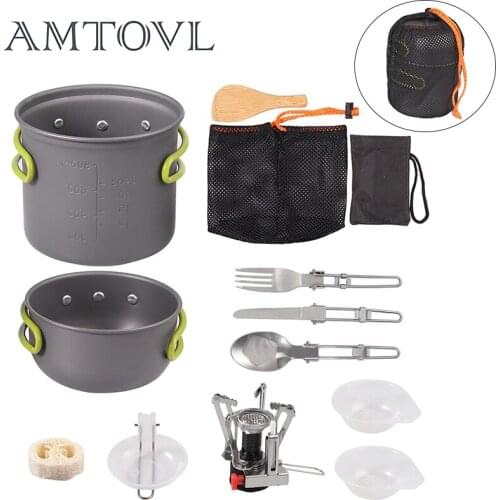 AMTOVL Outdoor Pot Mini Gas Stove Sets With Foldable Spoon Fork Knife Camping Hiking Cookware Picnic Cooking Set Non-stick Bowl