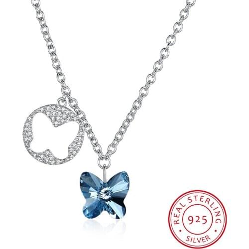 Cute Butterfly Necklace Pendant Blue/Pink Crystals Real 925 Sterling Silver Chain Necklace Choker For Women Girl