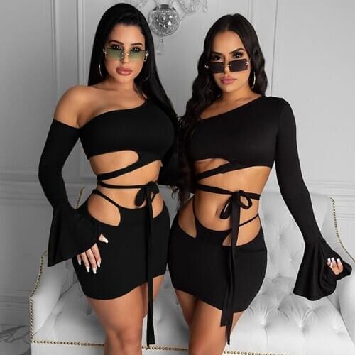 Echoine Black One Shoulder One Sleeve Flare Sleeve Lace Up Dress Ladies Mini Sexy Backless Party Dresses Clubwear Outfits Autumn
