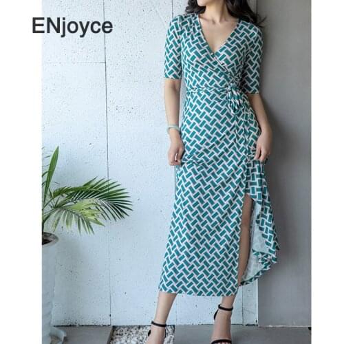 Luxury Geometric Printed Maxi Dress Women Short Sleeve High Waist Wrap Skirt Ladies Elegant Slim Split Beach Holiday Dresses