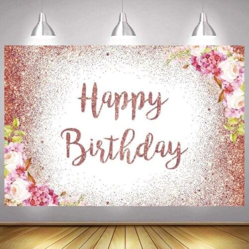 Pink Happy Birthday Photo Backdrop Party Flower Glitter Photography Background Lady Men Shining Banner Kids Photocall Gift Decor