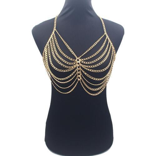 Sexy Bikini Chainmail Tops Harness Bra Body Chest Chain Gold Color Body Jewelry Boho Necklace Girls Gift BY147-1