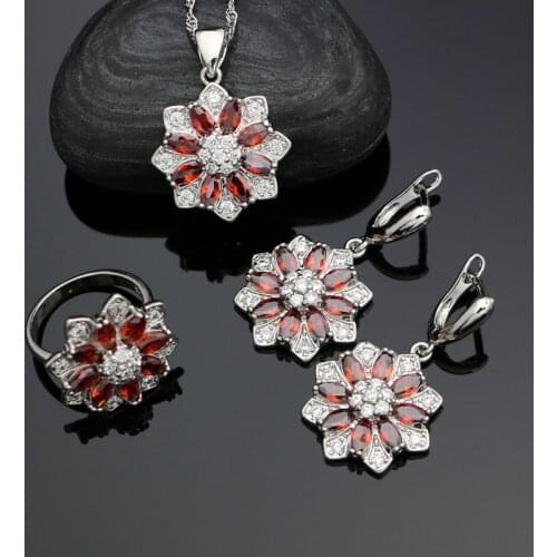 Silver 925 Bridal Flower Jewelry Sets For Women Wedding Red Cubic Zirconia White Crystal Ring Pendant Necklace Earrings Sets