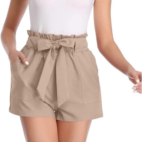 Casual Tie Front Ruffled Waist Paper Bag Shorts Ladies Summer Drawstring Solid Color Mid-waist Shorts Streetwear Cute Shorts#F3
