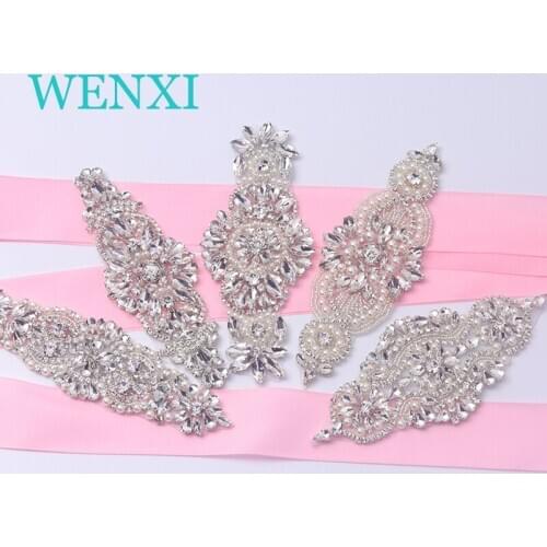 WENXI (30PCS) Wholesale Silver Pearl Rhinestone Appliques Iron On Bridal Accessory Garter Jewelry Wedding Dress Belt