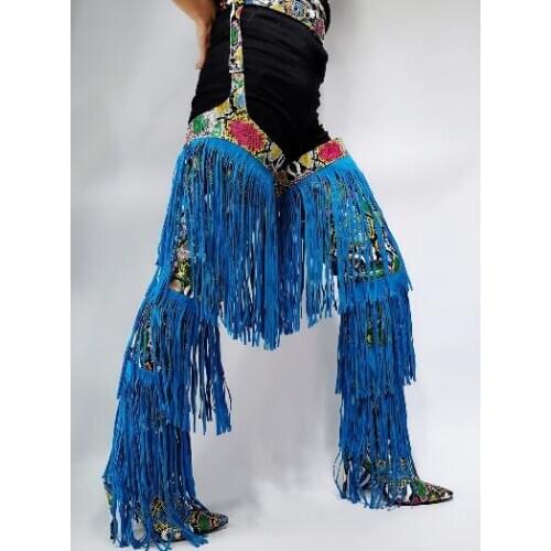 New Winter Woman Blue Fringe Snake Skin Belt Long Boots Lady Tassel Stiletto Heels Pointed Toe Python Over The Knee Boots