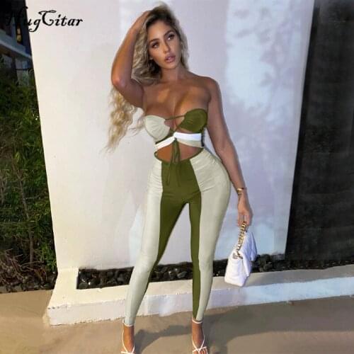 Hugcitar 2021 Sleeveless Bandage Backless Double Color Jumpsuit Summer Women Fashion Streetwear Bodycon Romper