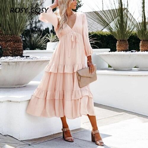 Sexy V-Neck Bow Solid Women Long Dress Elegant Full Sleeve Patchwork Ruffle Lady Party Dress Casual Loose Princess Vestido Femme