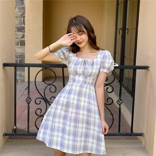 Women Summer Cottagecore Dress Fairy Bow Puff Short Sleeve Square Slim Dresses 2021 New Fashion Elegant Vintage Beach Party Wear