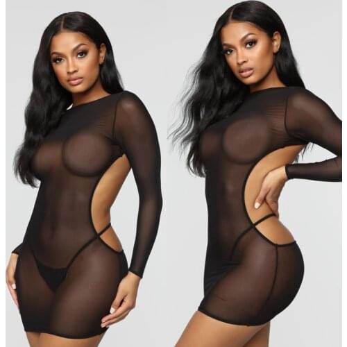 BKLD Purple Black Mesh Sexy Bodycon See-through Mini Dress 2019 Summer Women Long Sleeve Backless Dress Casual Beach Short Dress