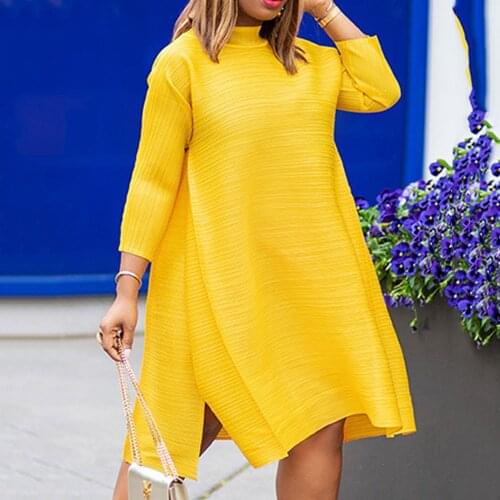 2020 Autumn Long Sleeve African Women O-neck Yellow Dress African Dresses for Women African Clothing