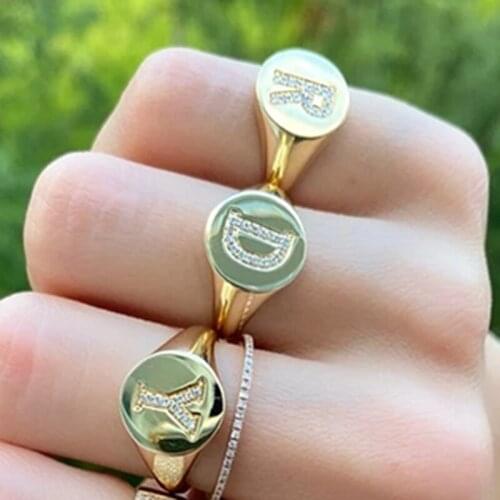 26 Initial letters Diamond Ring 13mm Round Bling Zricon FingerRing For Women Men Signet Statement 26Letters 925 solid Ring Gift