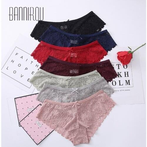 BANNIROU Lace Panties Womens Sexy Underwear Woman Bow Breathable Female Transparent Briefs New High Quality 3 Pcs Free Shipping
