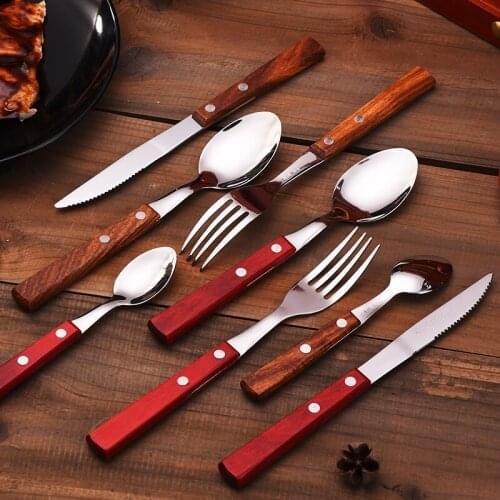 4PCS Tableware 304 Stainless Steel Tableware Western Food Dinner Home Solid Wood Handle Knife Fork Spoon Set Kitchen Dinnerware