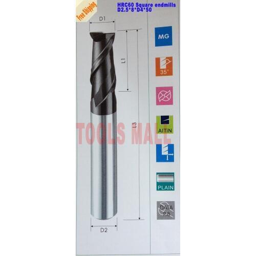 Free Shipping-5pcs 2.5mm 4 flutes Solid Carbide Square End mills HRC60 Milling cutters CNC Spiral Router bits CNC tools