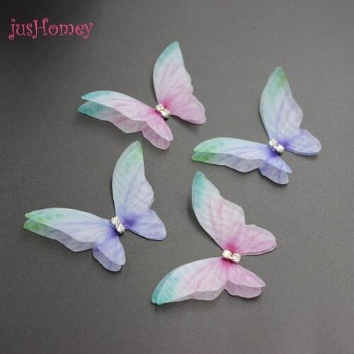 50PCS Spring Gradient Color Organza Butterflies w/ Rhinestone Double-layer Butterfly Accessory for Bridal Wedding Hair Jewelry