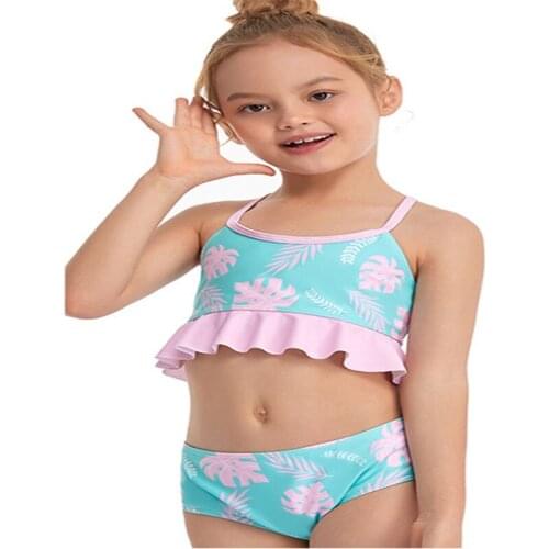 Kids Girls Two-piece Swimmsuit Swimwear Summer Blue Leaves Printed Sleeveless Crop Tops + Shorts Bathing Suit Clothes Set 2021