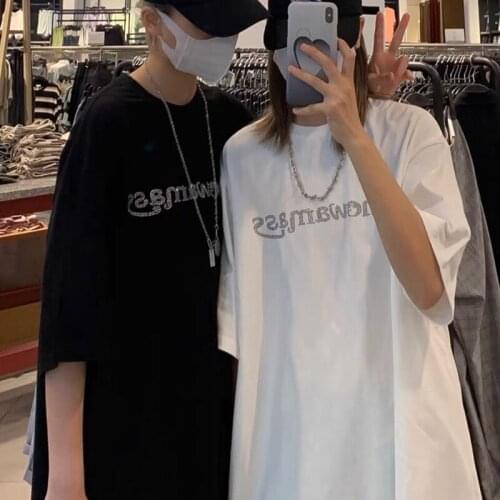 Women T Shirt Black Harajuku Letter Rhinestone Print Top Short Sleeve Fashion Summer Hip Hop Unisex Couple Vintage Black Clothes