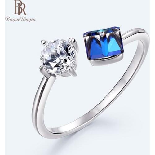 Bague Ringen Pure 925 Sterling Silver Rings for Women Trendy Fine Jewelry Blue Crystal Adjustable Opening Ring Gift Wholesale