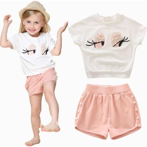 Pearl Girls Clothes Set Lovely Long Eyelashes Toddler Girl tops + Pants Girls Suit Kids Clothes
