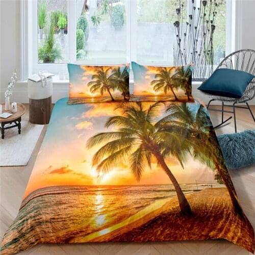 3D Sea Beach Print 2/3Pcs Bedding Set Beautiful Blue Sky Sunset Cloud Duvet Cover With Pillowcase Home Decor Queen and King Size