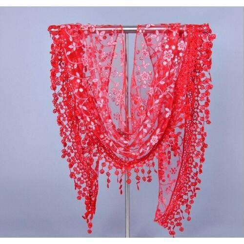Beautiful Floral Lace Triangle Scarf For Women Neck Cover Hollow Plain Shawl Wrap With Fringe Ladies Bandana 150*40cm 19color