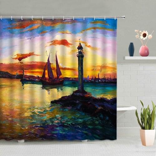 Creativity Oil Painting Ocean Lightship Night View Bathroom Accessories Shower Curtain Waterproof Polyester Fabric With Hooks