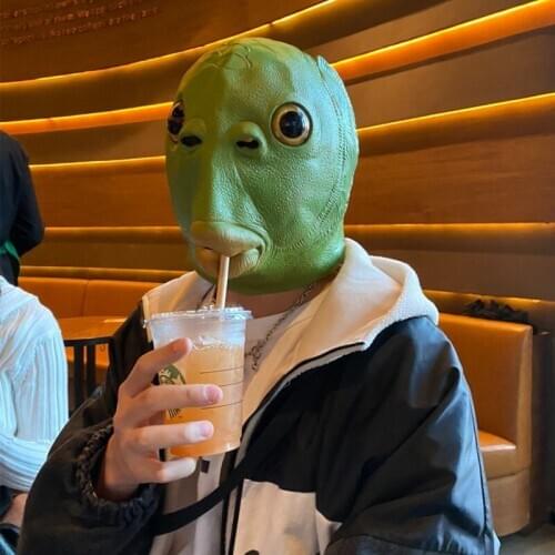 Adult Green Fish Head Mask Adult Halloween Costume Christmas Party Props Latex Cap