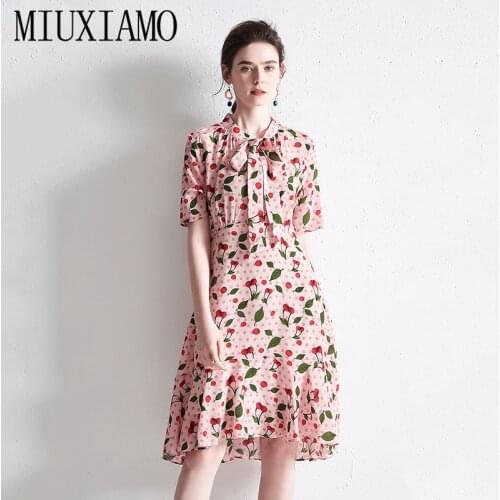 MIUXIMAO High Quality 100% Silk 2020 Summer Newest Arrival Vintage O-Neck Print A-Line Mid-Calf Elegant Vintage Dress Vestido